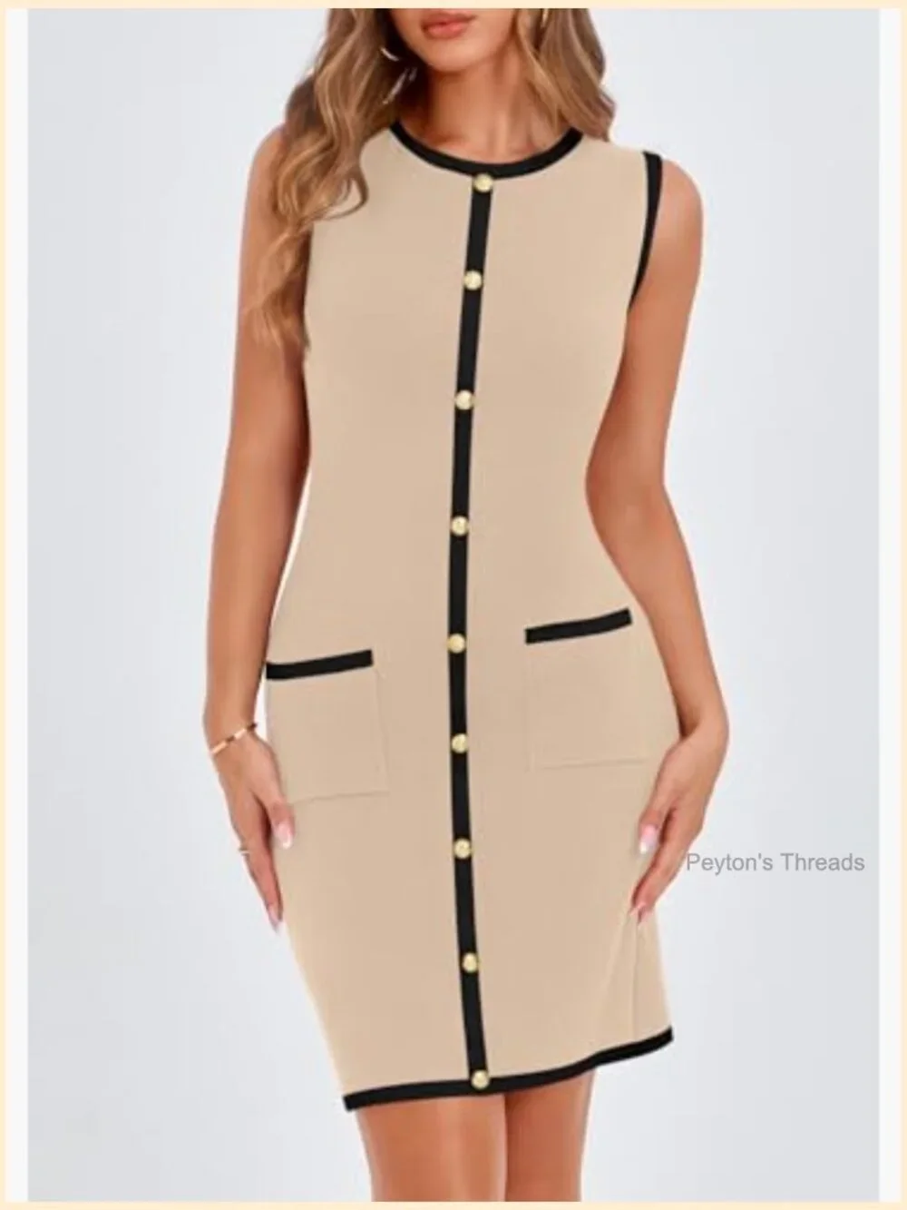 Sleeveless Crew Neck Knit Bodycon Mini Dress Patch Pockets Button Decor - Picture 5 of 7